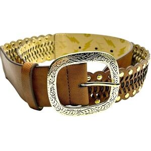 Betsey Johnson Faux Leather Grommet Studded Belt Gold Buckle Sz S Western Boho